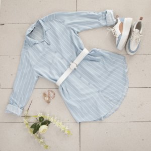 Light blue spring outfit, accessorizing with matching sneakers and jewelry