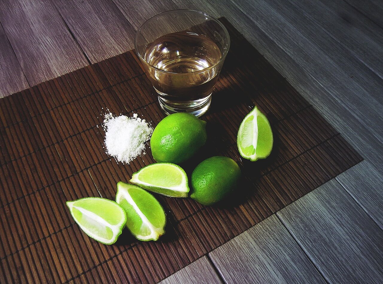 Tequila shot with lime and salt 